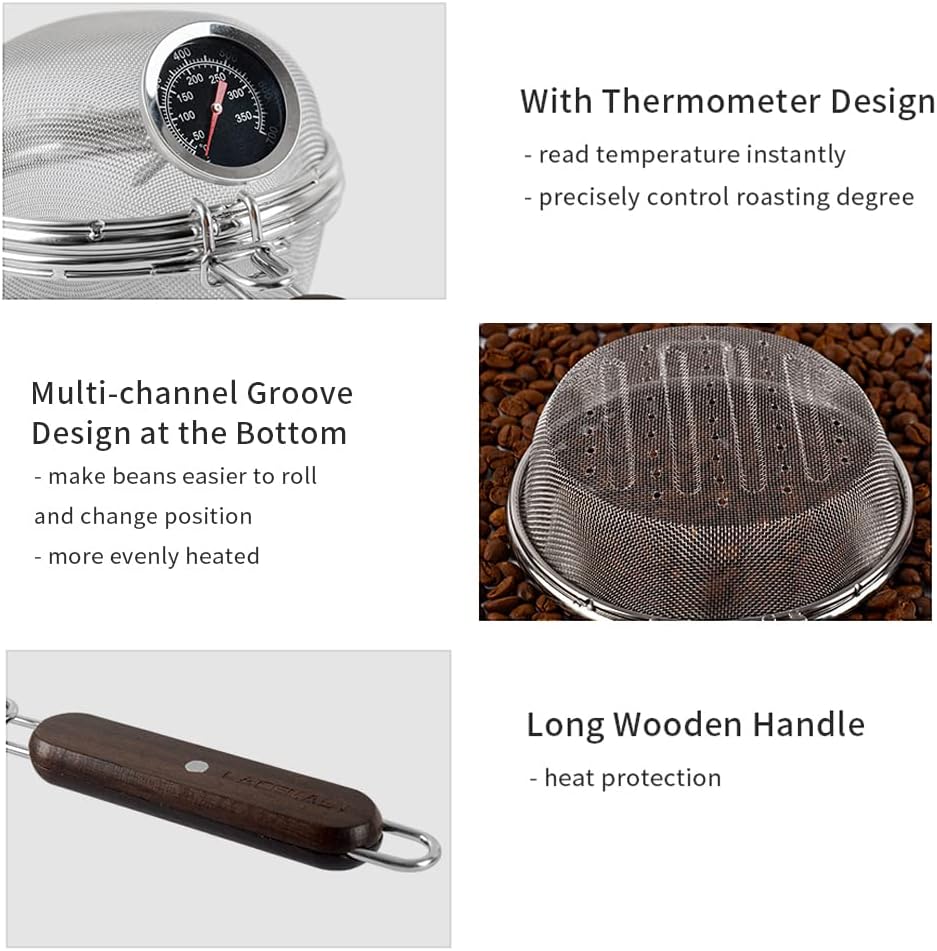 Home Coffee Bean Roaster Tool - CAFEMASY Portable Stainless Steel Handy Coffee Roaster Mesh Pan Tool with Thermometer