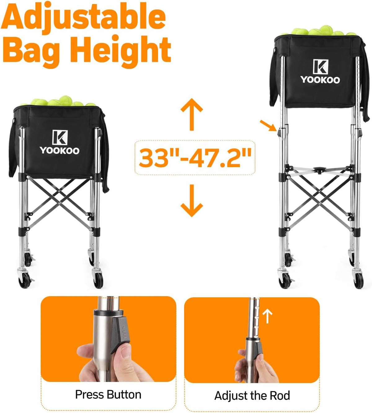 Tennis Ball Hopper for 200 Balls, Tennis Basket with Black Bag