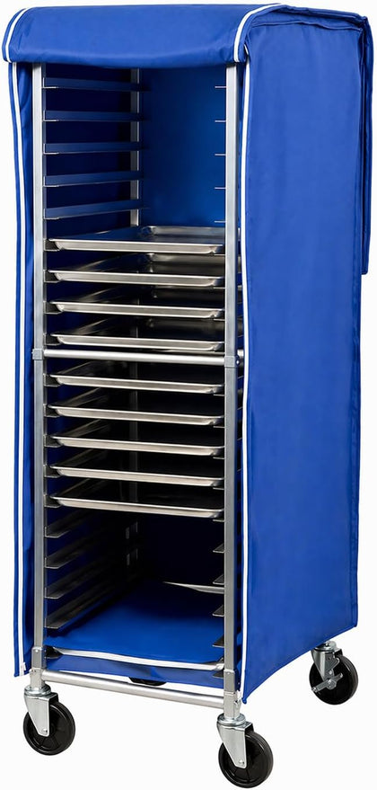 Insulated Bun Pan Rack Cover, Blue Vinyl-Coated Polyester, Full Height 63 Inch, with Zipper Access, Freezer Safe