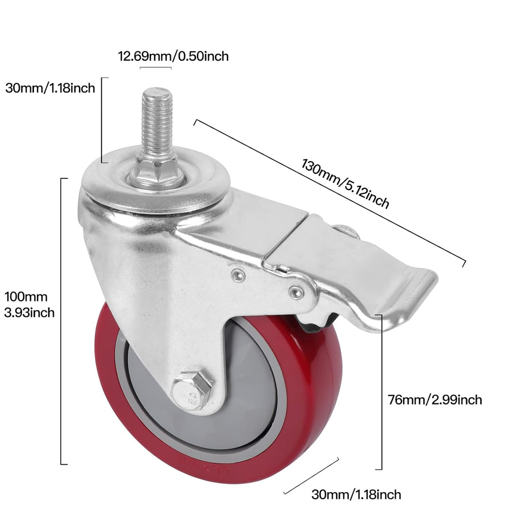 4 Inch Heavy Duty Stem Casters 360 Degree Swivel Thread Wheels with Metric Size M12-1.75 Screw Bolt Double Locking