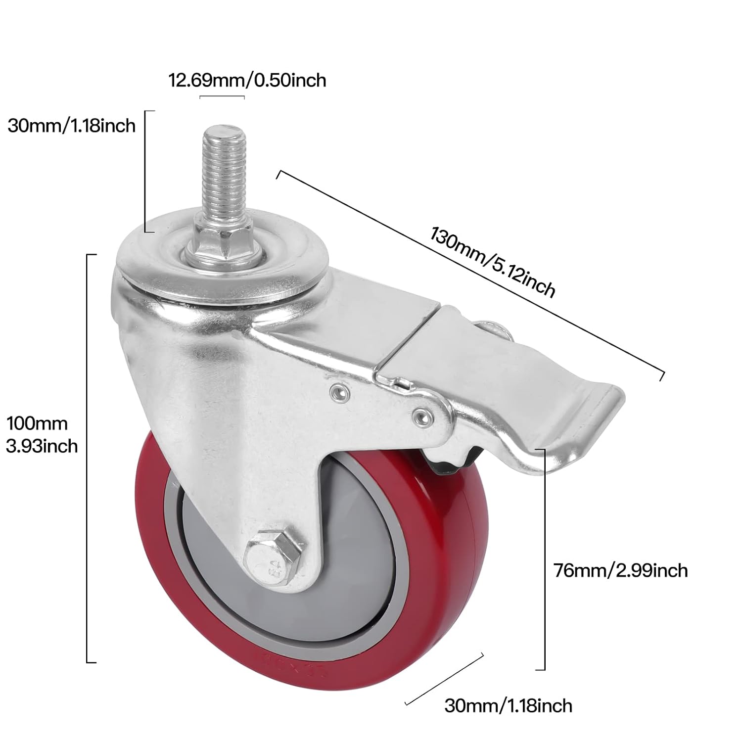 4 Inch Heavy Duty Stem Casters 360 Degree Swivel Thread Wheels with Metric Size M12-1.75 Screw Bolt Double Locking