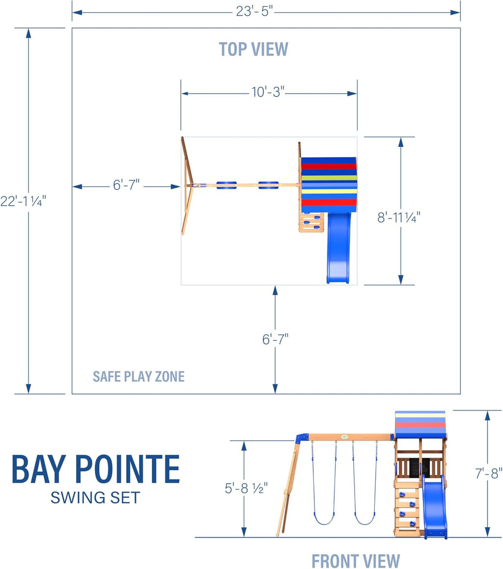 Bay Pointe Cedar Wood Swing Set with Wave Slide, Play Deck, Rock Wall Ladder, Belt Swings, Chalkboard, Canopy Roof