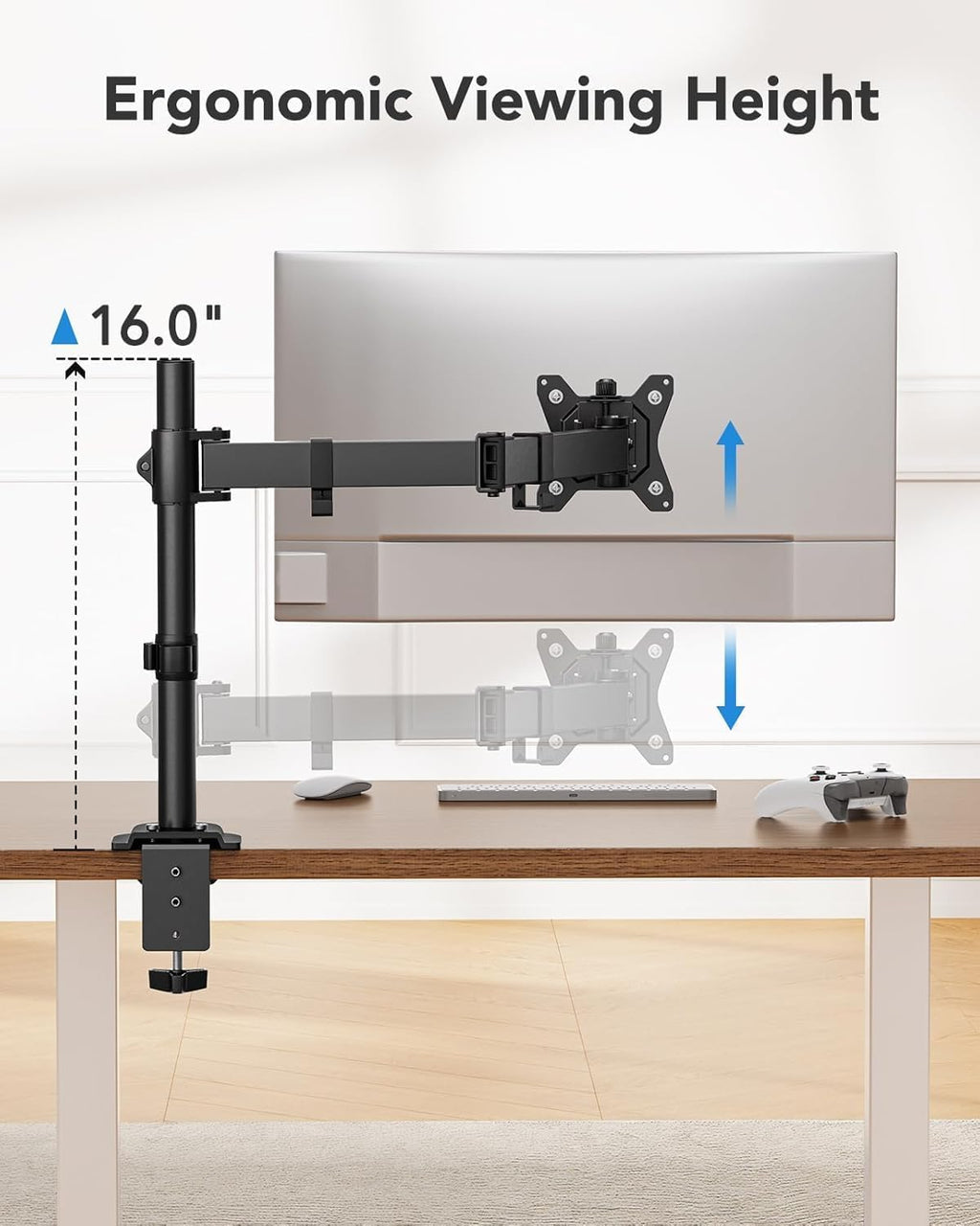 Single Monitor Mount, Monitor Arm for 13”-32” Monitors up to 17.6 lbs, Adjustable Stand with 16” Max Height, Desk