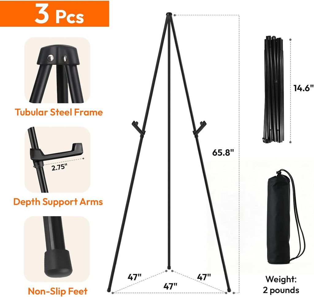 3 Pcs Lightweight Easel Stand, 66 Inch, Black, with Carry Bags | Adjustable Portable Metal Display Easel & Poster Stand