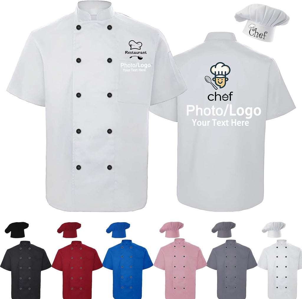 Custom Chef Coat Men Women Personalized Chef Jacket＆Hat with Logo Name Text Customized Chef's Uniform Short Sleeve