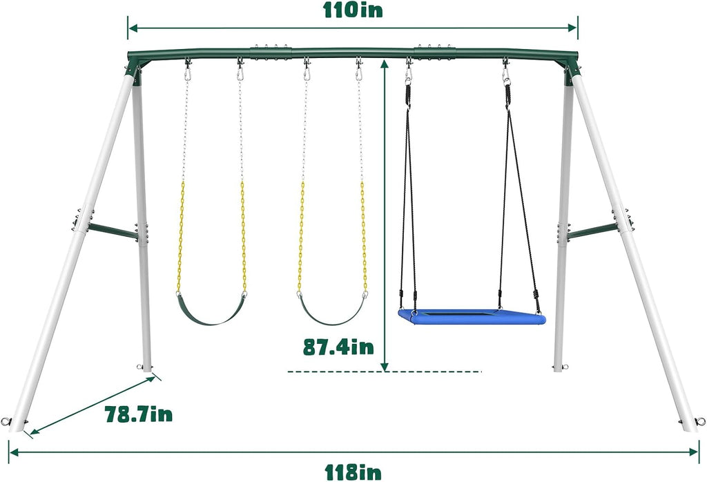 7.3ft Tall Heavy Duty Swing Set, 3 Swings Metal Swing Sets for Backyard, Big Kids Playset for Playground Outdoor