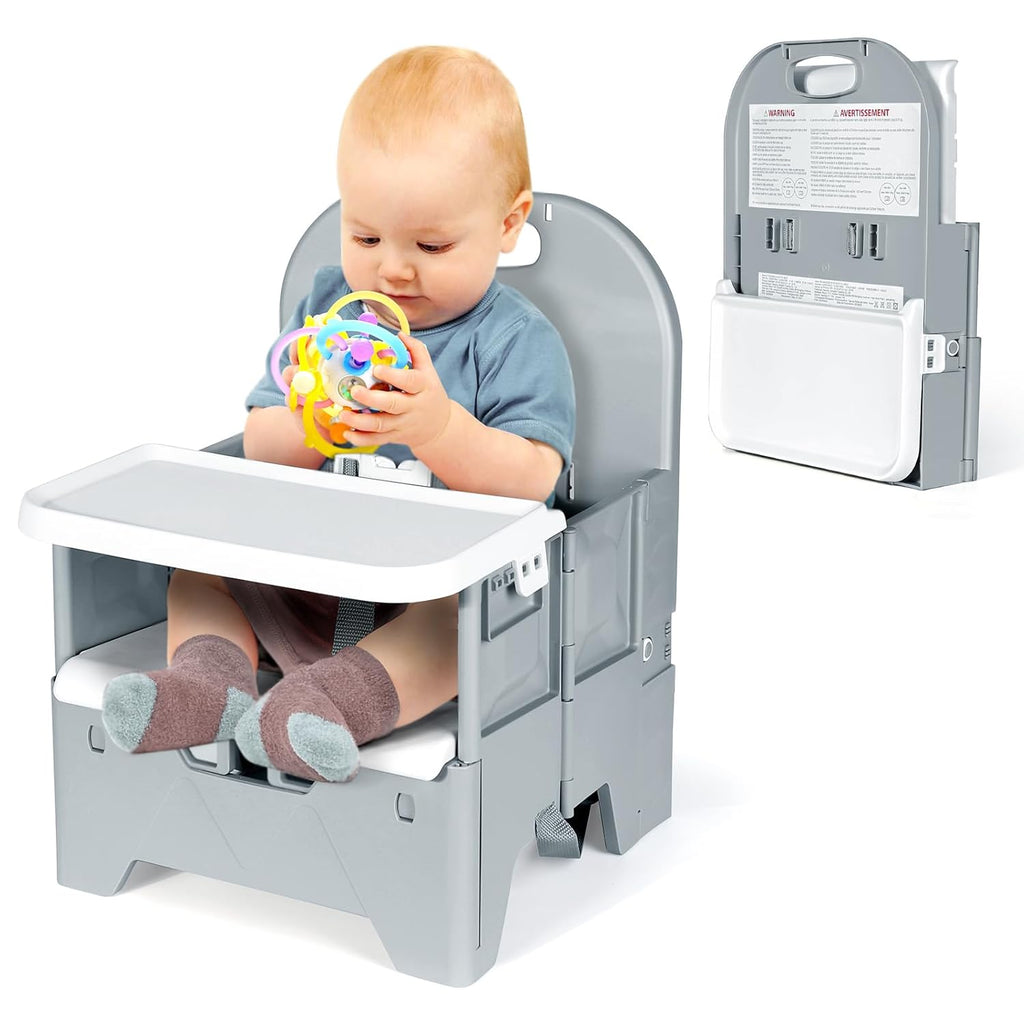 Portable High Chair with Tray, Grey | Foldable Booster Seat, For Travel Toddlers 6-36 Months