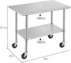 Stainless Steel Table for Prep & Work with Caster Wheels 24x48 Inches, NSF Metal Commercial Kitchen Heavy Duty Table