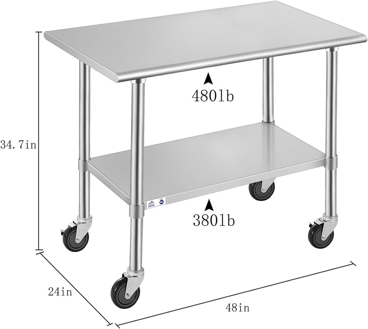 Stainless Steel Table for Prep & Work with Caster Wheels 24x48 Inches, NSF Metal Commercial Kitchen Heavy Duty Table