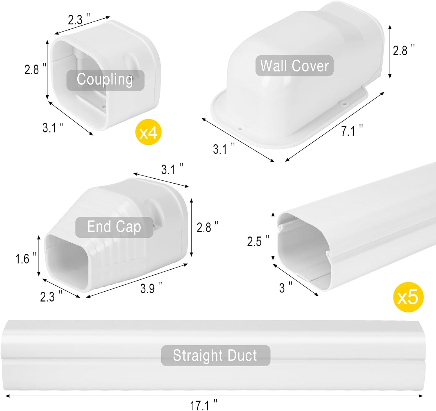 3" 7.5 ft Mini Split Line Set Cover, AC Lineset Cover Kit for Outside Unit | Decorative PVC Paintable Line Cover Kit