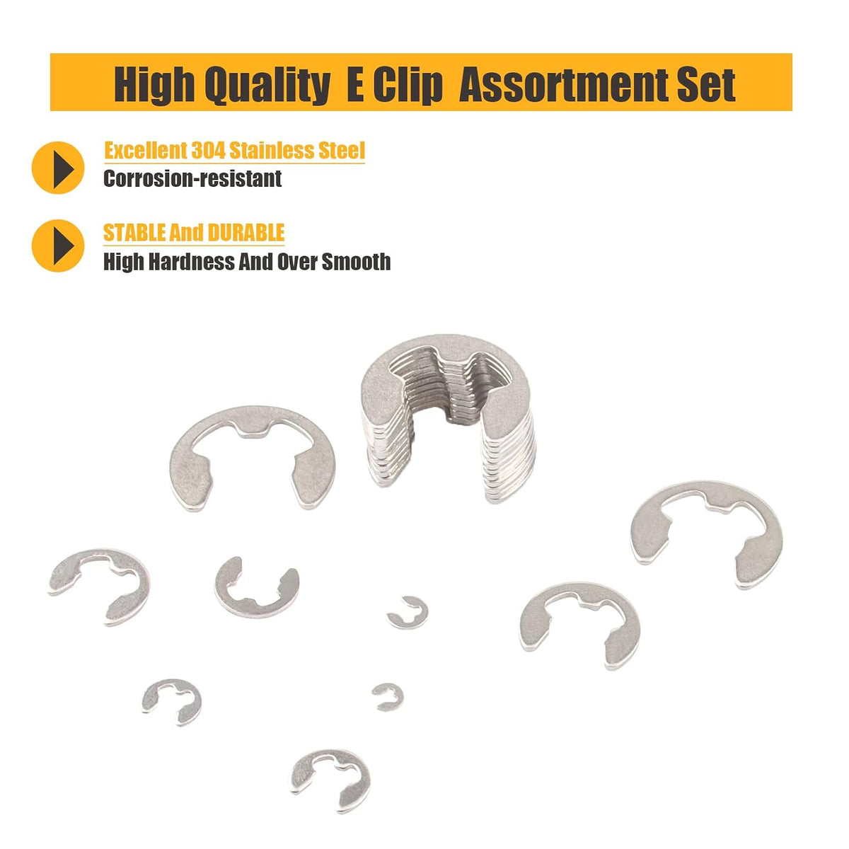 E Clips Assortment Kit, Snap Rings Assortment Kit with Retaining Rings, 425PCS 304 Stainless Steel E Clip Set (M1.5-M15)