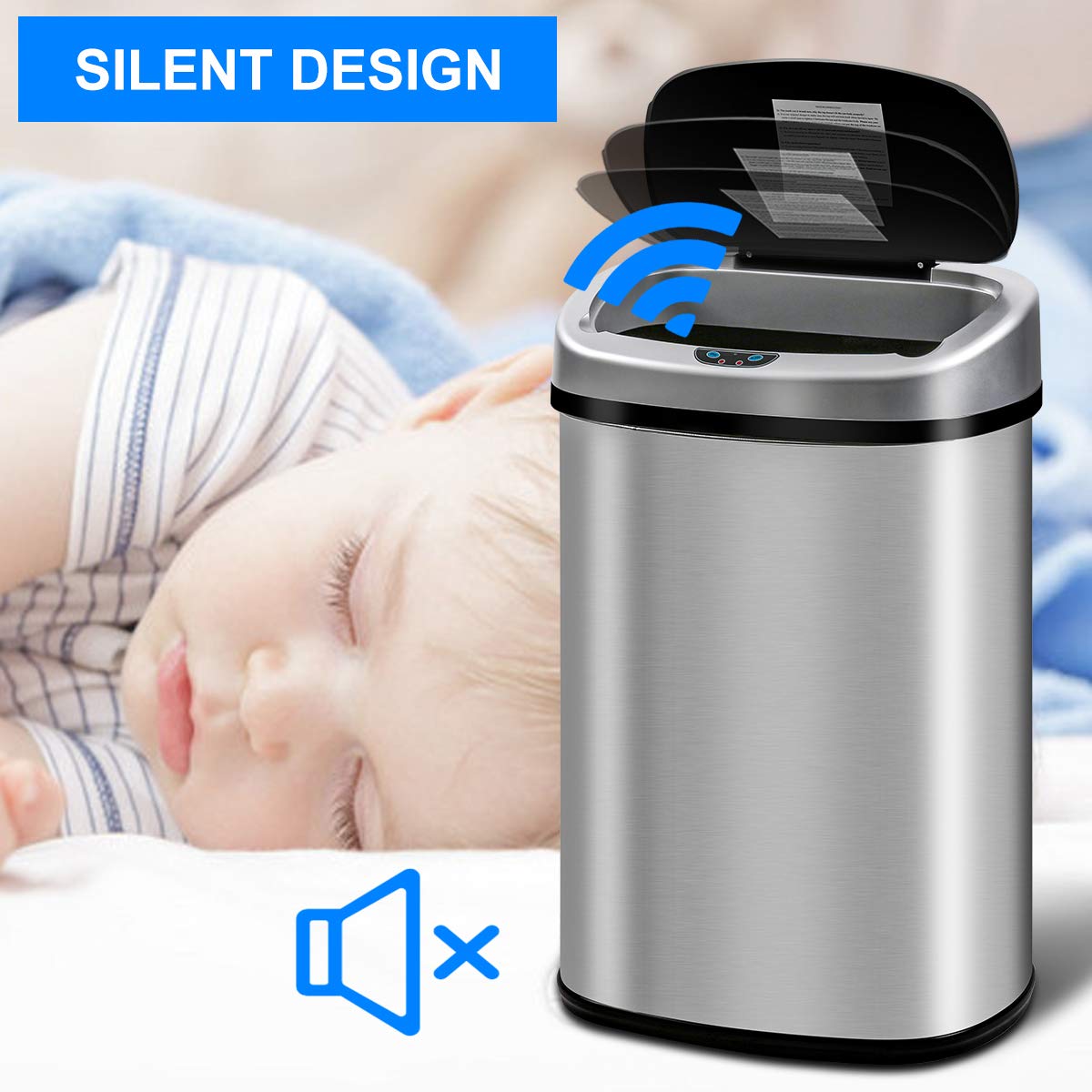 13 Gallon Kitchen Trash Can Garbage Can Waste Bin with Lid Automatic Touchless Stainless Steel Durable Trash Can for