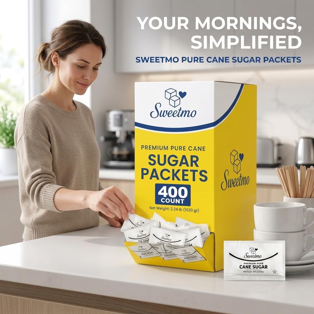 Sugar packets - 400 Count Dispenser Box, Pure Cane White Granulated Sugar Packets, Individual Wrapped, Bulk Packets