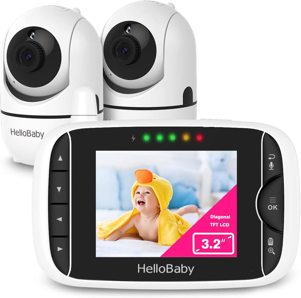 Baby Monitor with 2 Cameras and Audio, No WiFi, 3.2" Screen | Infrared Night Vision, Remote Pan/Tilt/Zoom Camera, ECO