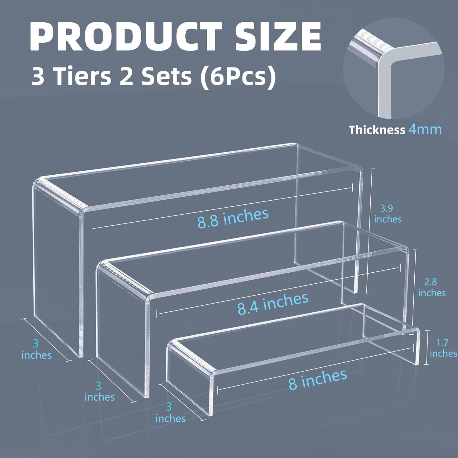 6 Pcs 8'' Clear Cupcake Display Risers, 3 Tiers Rectangular Risers Display Stands 4mm Thick Collectibles Jewelry