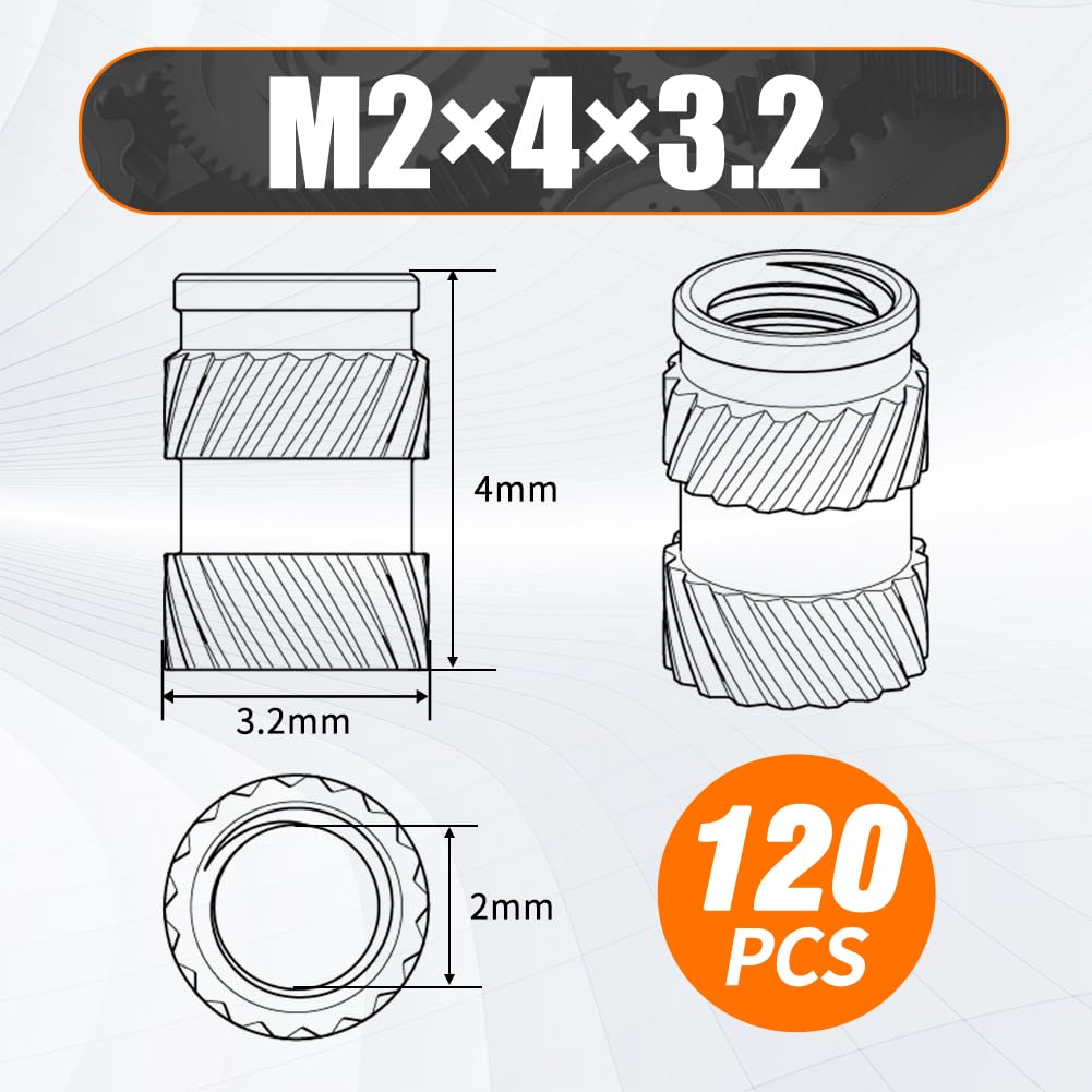 M2 Brass Insert Nuts - 120pcs M2x4x3.2mm Heat Set Insert Nuts