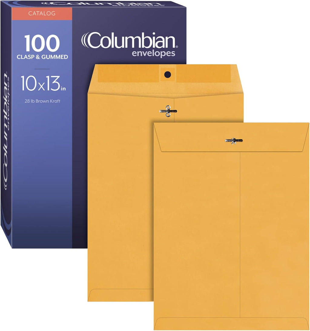 Clasp Envelopes, Heavy-Duty Brown Kraft, Secure Metal Clasp and Gummed Seal, Large Mailing Envelopes, 10" x 13", 100