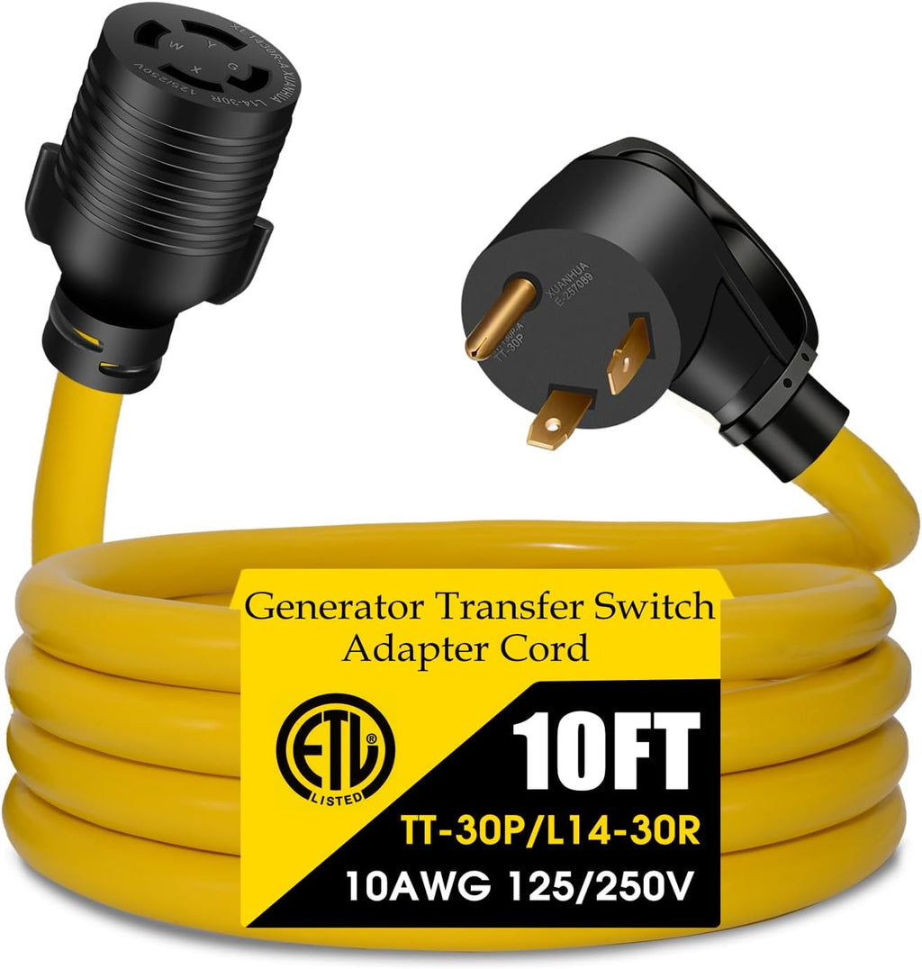 30 AMP Generator Transfer Switch Adapter Cord, Heavy Duty STW 10 Gauge NEMA TT-30P Male to L14-30R Female, 3 Prong to