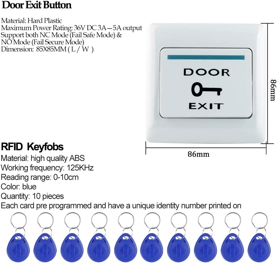 Outdoor Door Access Control System Kit IP68 Waterproof RFID Keypad Card Reader + Power Supply + Door Exit Button