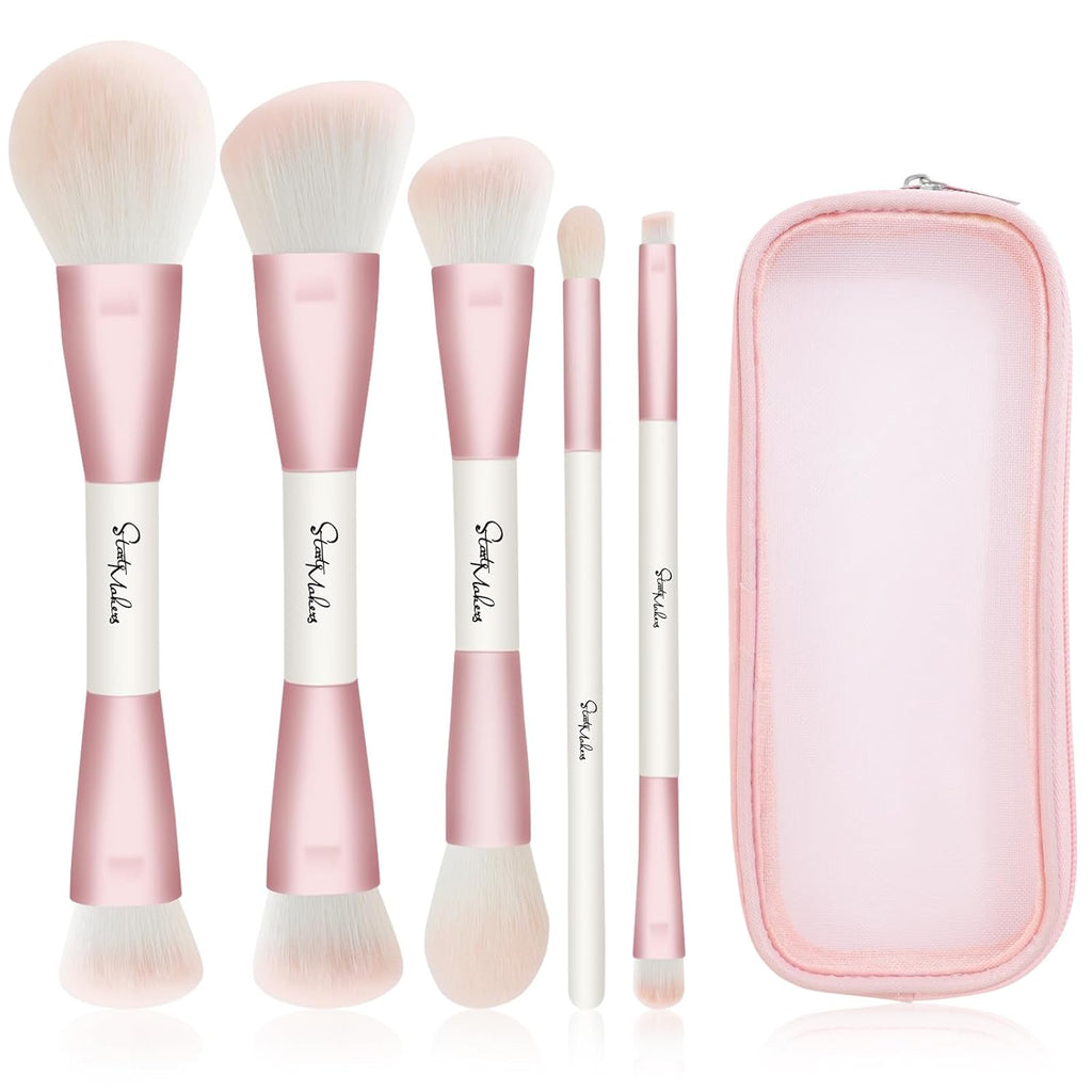 Makeup Brushes 5Pcs Dual Ended Pink Makeup Brush Set for Foundation Blush Bronzer Concealer Contour Powder Highlight