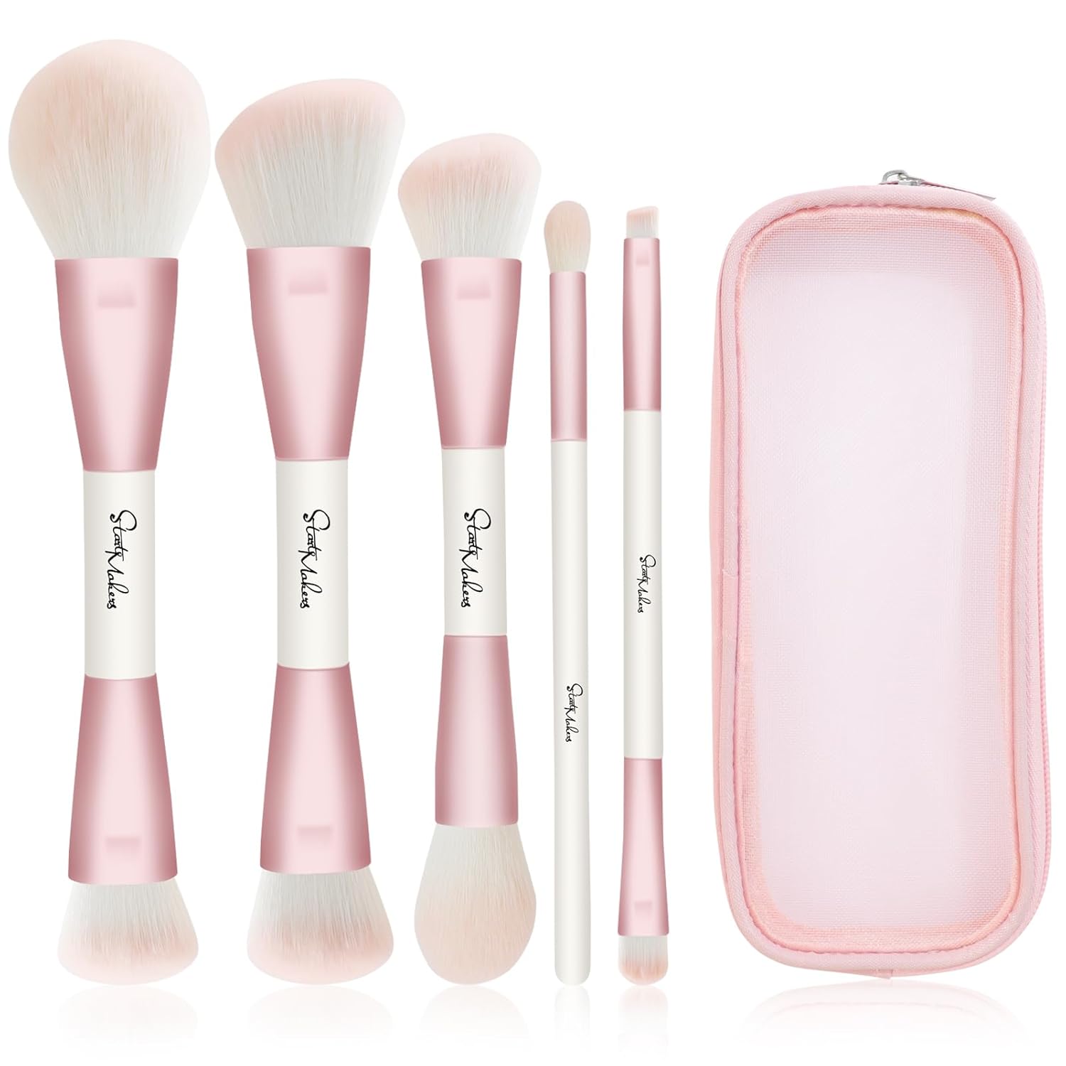 Makeup Brushes 5Pcs Dual Ended Pink Makeup Brush Set for Foundation Blush Bronzer Concealer Contour Powder Highlight