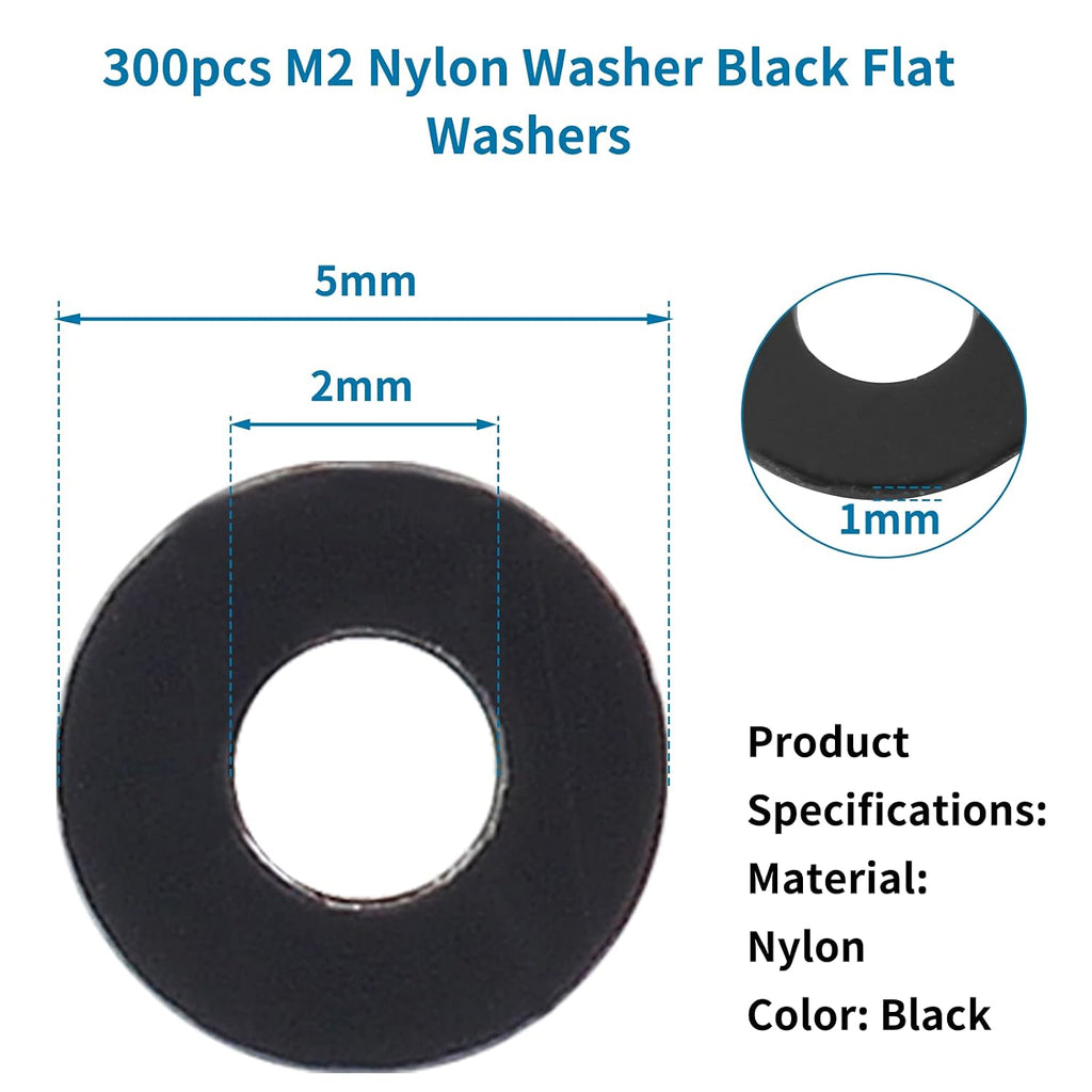 M2 Nylon Washer Black Flat, 2mm ID 5mm OD 1mm Thick, 300pcs