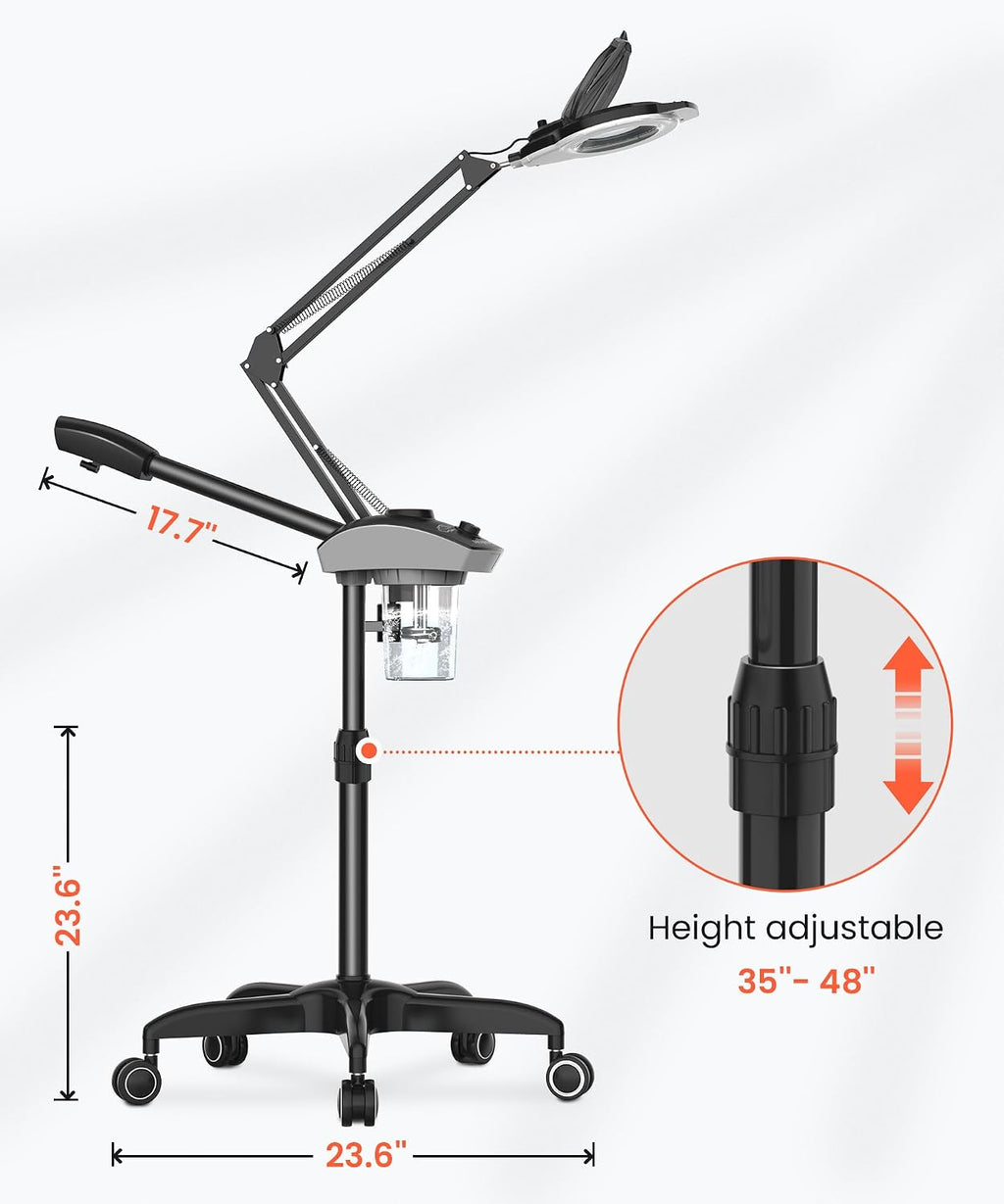2-in-1 Professional Facial Steamer with 5X Magnifying Lamp | Esthetician Steamer on Wheels with Ozone and Hot Mist