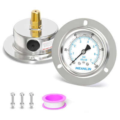 MEANLIN MEASURE 0~100Psi Liquid Filled Pressure Gauge Front Flange Panel Mount, 1/4" NPT 2.5" FACE DIAL Stainless Steel Case with Phillips Screw and Nut, +/-3-2-3%