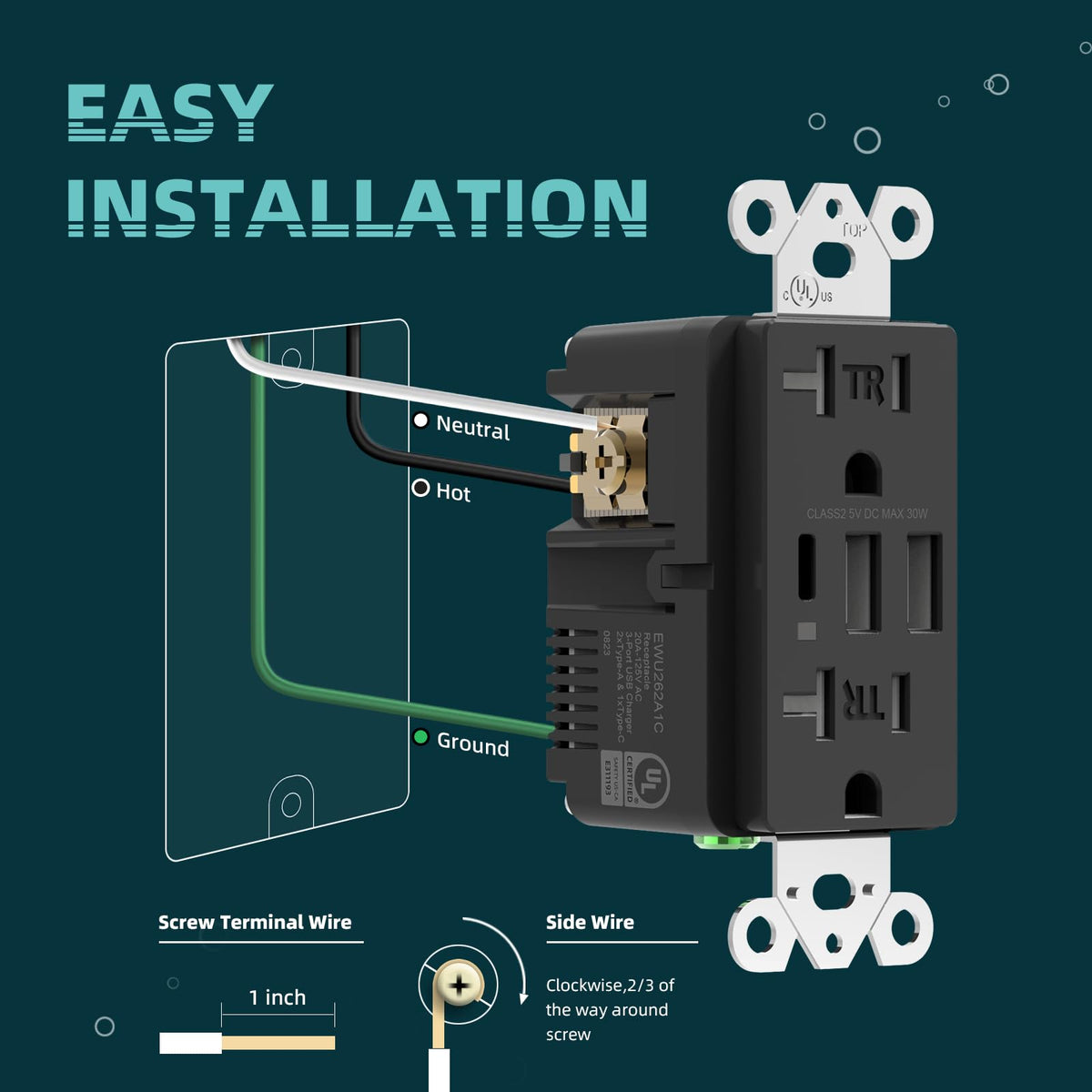 TOPELER Black USB Outlet, 6.0A/30W Dual Type A&C USB Charging Wall Outlet