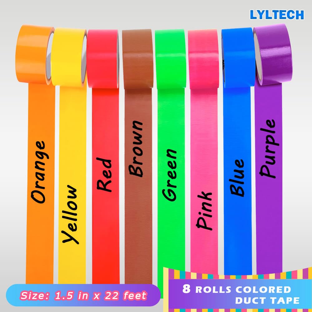 8-Pack Rainbow Colored Duct Tape 1.5inch x 22feet Heavy Duty