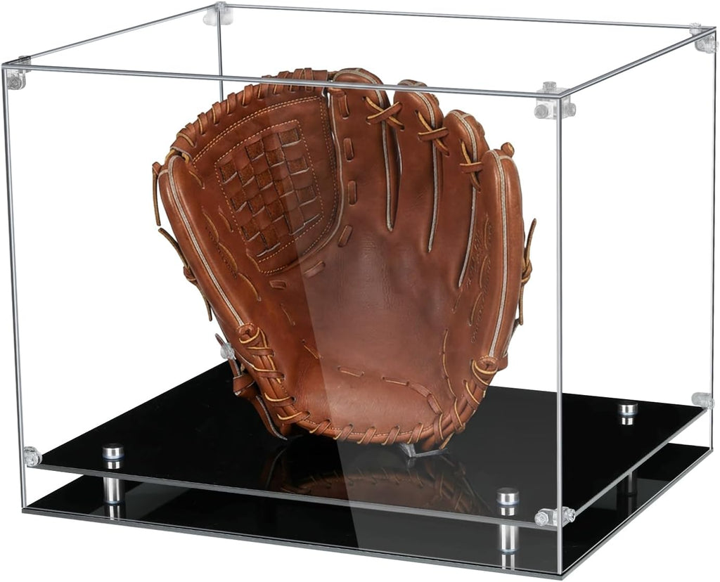 Baseball Glove Display Case with Gold Riser Stand and Black Base | Clear Acrylic Showcase for Baseball Gloves