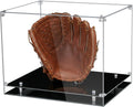Baseball Glove Display Case with Gold Riser Stand and Black Base | Clear Acrylic Showcase for Baseball Gloves