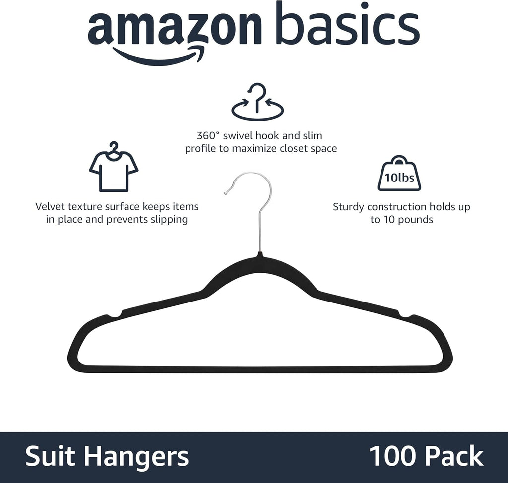 Slim Velvet Non-Slip Space Saving Suit Clothes Hangers, Closet Organizer, Black/Silver, 100-Pack