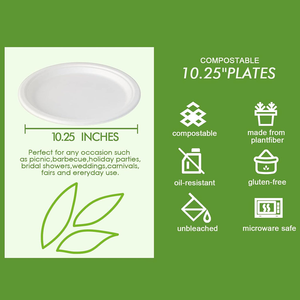 150 Pack Compostable Bagasse Paper Plates 10.25 inch, White