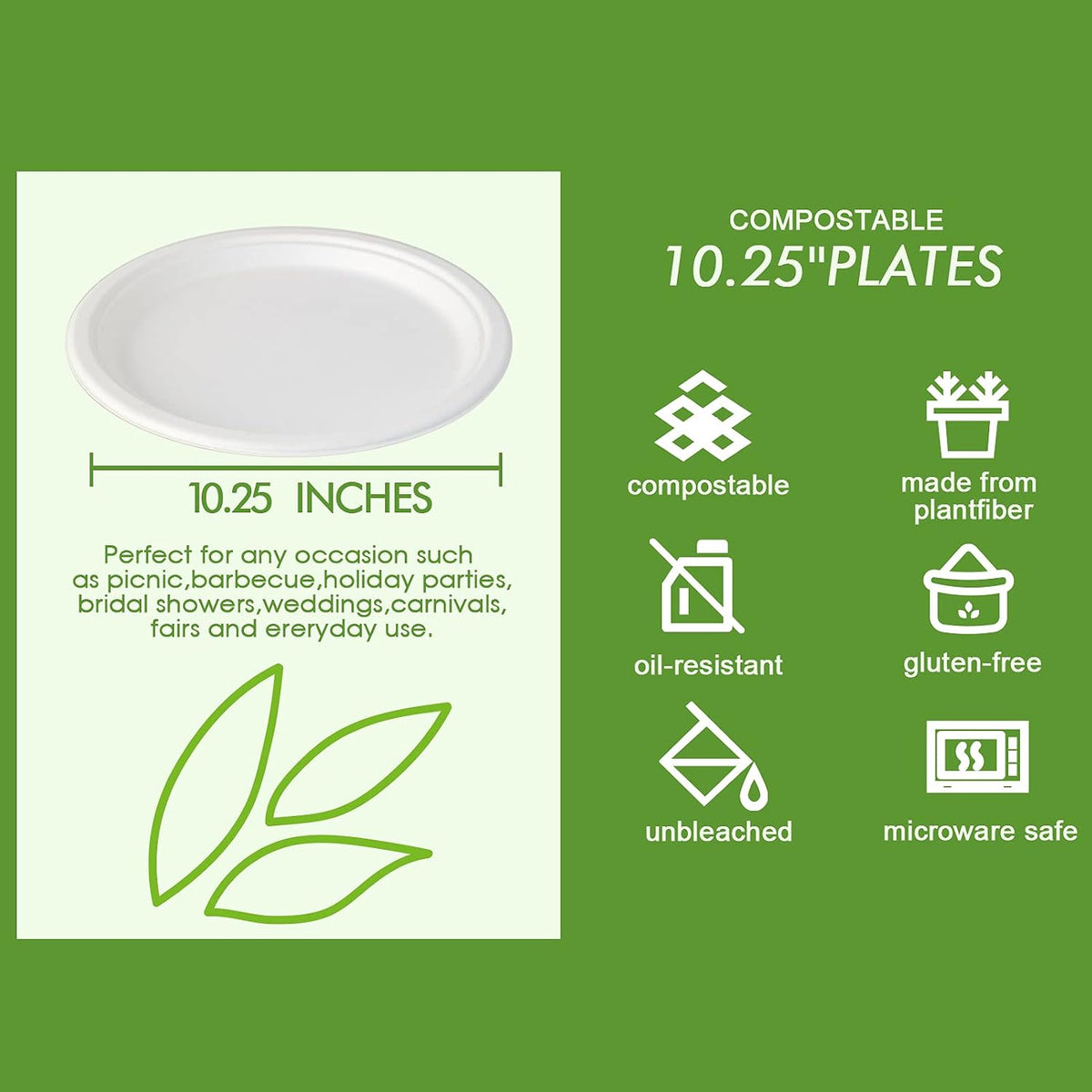 150 Pack Compostable Bagasse Paper Plates 10.25 inch, White