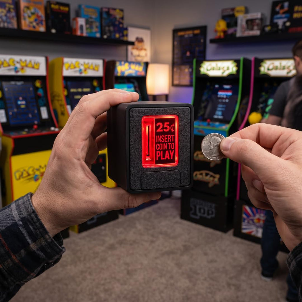 TinyBrights Insert Coin Cube Gen 2 - Interactive Retro Arcade Light, Game Room Decor, Pressable Insert Coin to Play