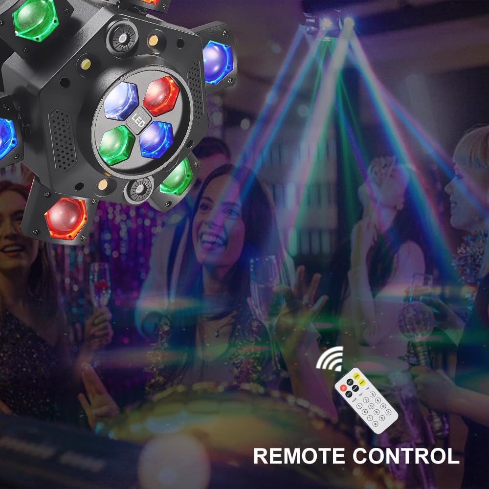 Moving Head DJ Lights, 150W LED Stage Lights 4-in-1 with Remote | 6 Arms Beam, Bee-Eye Effect, Red Green Starry