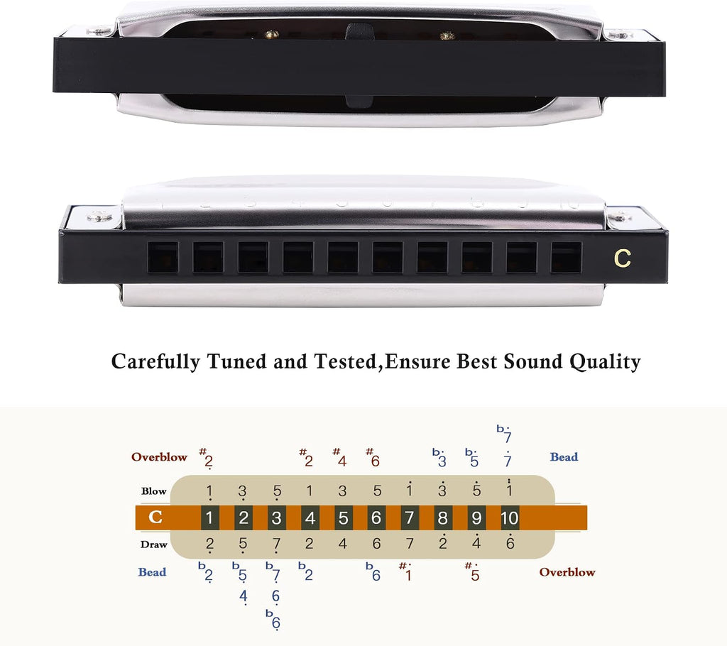 Harmonica for Beginners Key of C, 10 Holes 20 Tones, Stainless Steel Harp Diatonic Blues Harmonica for Adults