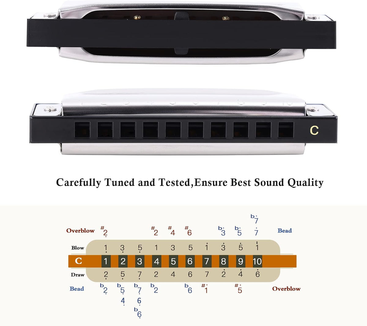 Harmonica for Beginners Key of C, 10 Holes 20 Tones, Stainless Steel Harp Diatonic Blues Harmonica for Adults