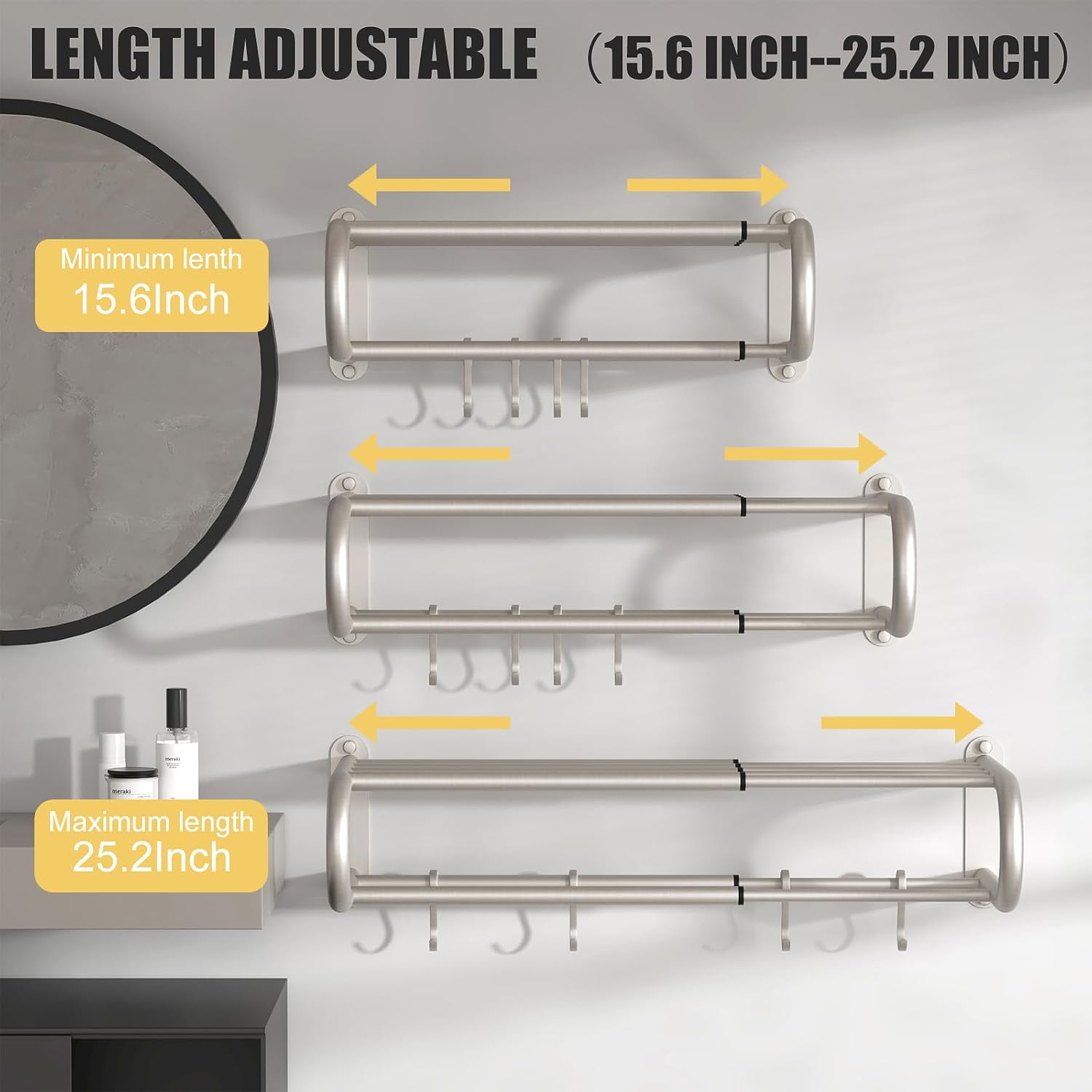 Adjustable 15-25 Inch Towel Rack with Shelf for Bathroom and Lavatory Towel Shelf Double Towel Bar Rod 4 Hooks Wall