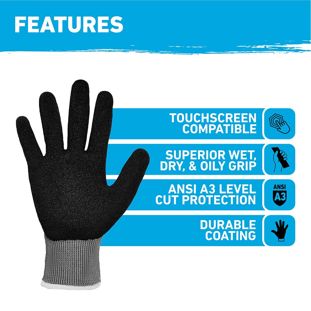 A3 Cut Resistant Work Gloves, X-Large, 12 Pack, Gray