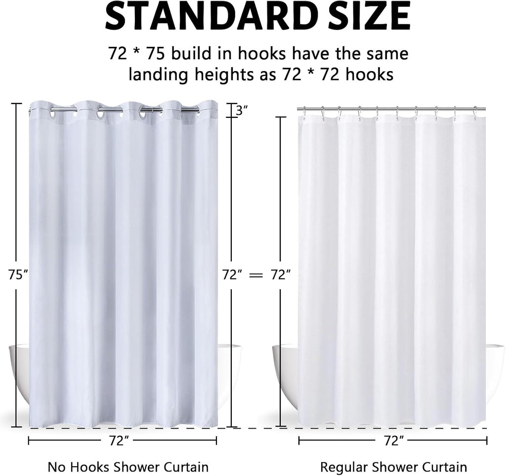 72x75 Waterproof No Hook Needed White Shower Curtain,Soft Polyester Fabric Bathroom Curtain with 10 Rustproof Split