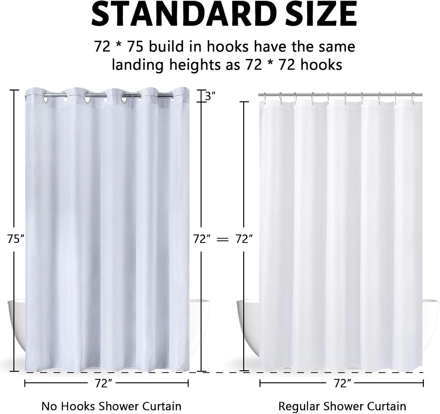 72x75 Waterproof No Hook Needed White Shower Curtain,Soft Polyester Fabric Bathroom Curtain with 10 Rustproof Split