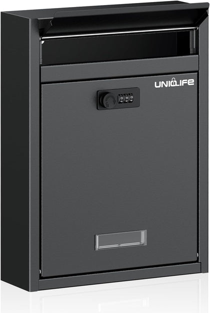 Wall Mount Mailbox for Outside, Large Locking Mailbox, Black | Security Mail Box with Combination Lock, Safe Key Drop