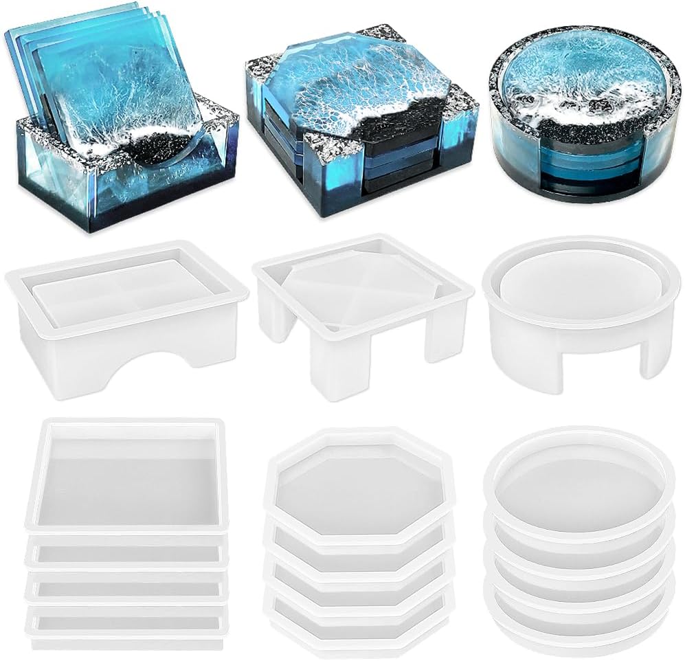 Set of 3 Thick Square Octagon Round Coaster Molds with Matching Holder Mold, Shiny Coaster Silicone Molds for Resin
