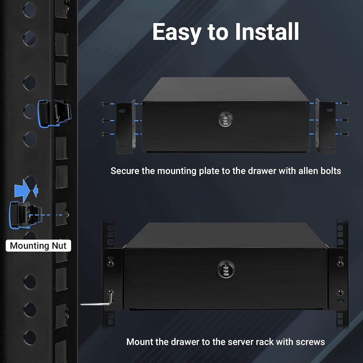 3U Rack Mount Drawer, Server Rack Drawer w/Combination Lock