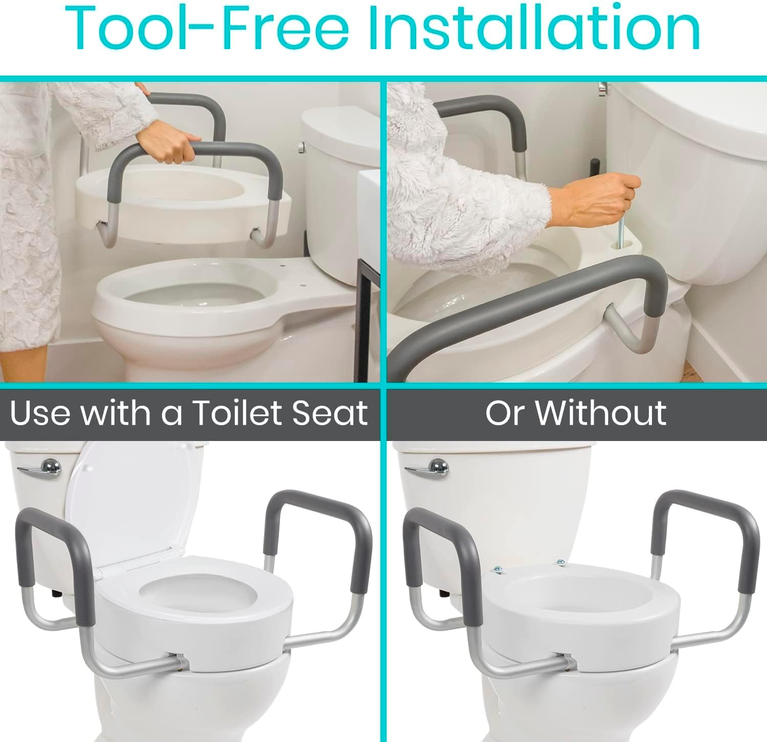 Raised Toilet Seat Riser for Seniors (with Handles) - Handicap Rail Grab Bar Seat for Over Toilet - Elevated Safety