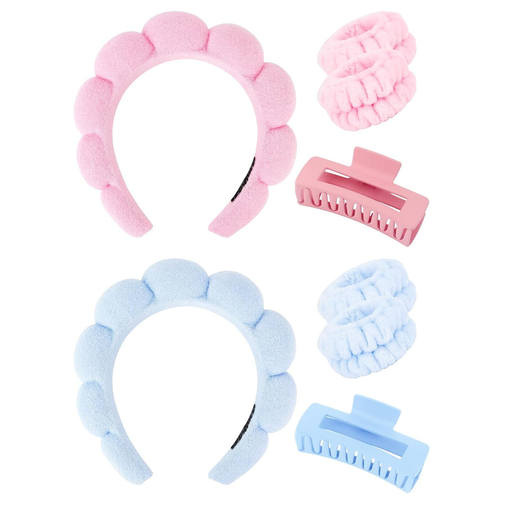 Pink Blue Spa Headband And Wristband Set Skincare Headband For Washing Face Hair Claw Clips For Thick Hair Cute Puffy