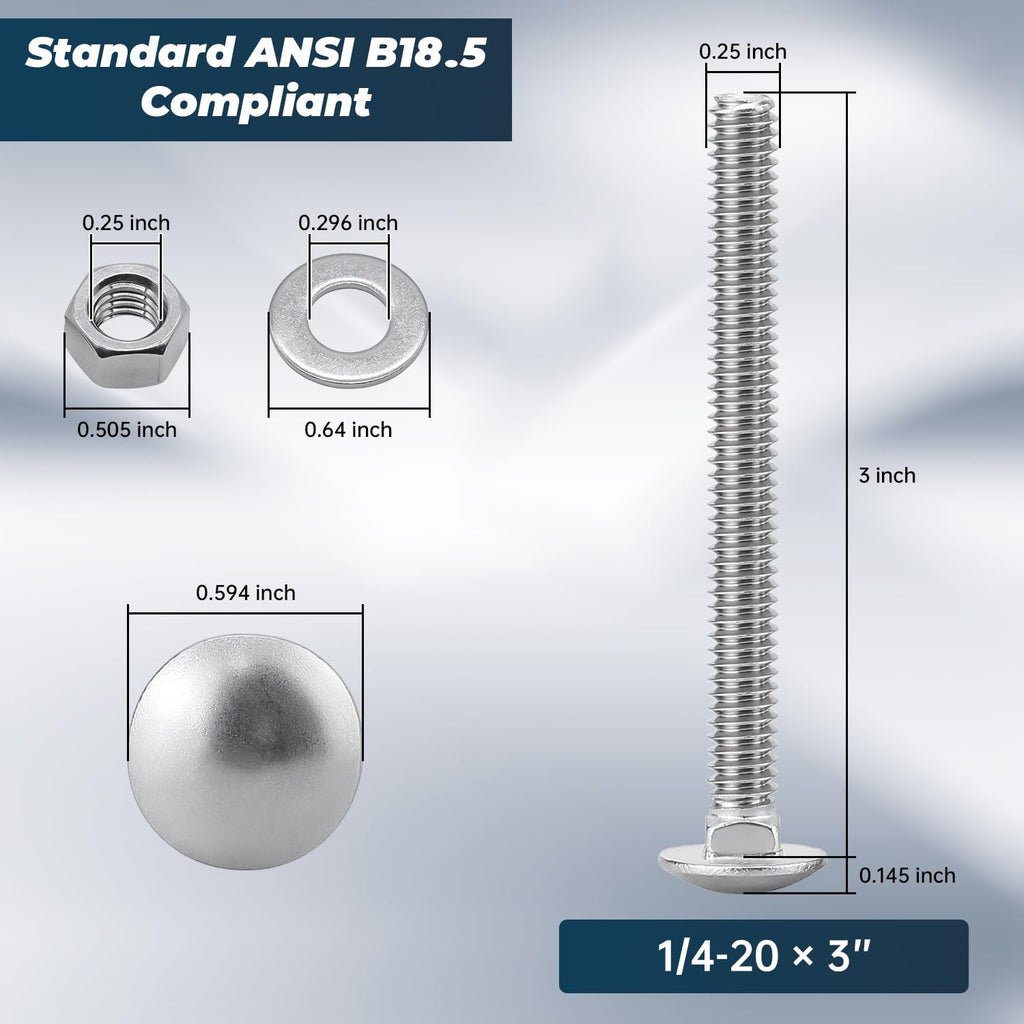 1/4-20 x 3 Inch Carriage Bolt Kit, 304 Stainless Steel (18-8) with Hex Nuts & Flat Washers - 16 Sets, Round Head