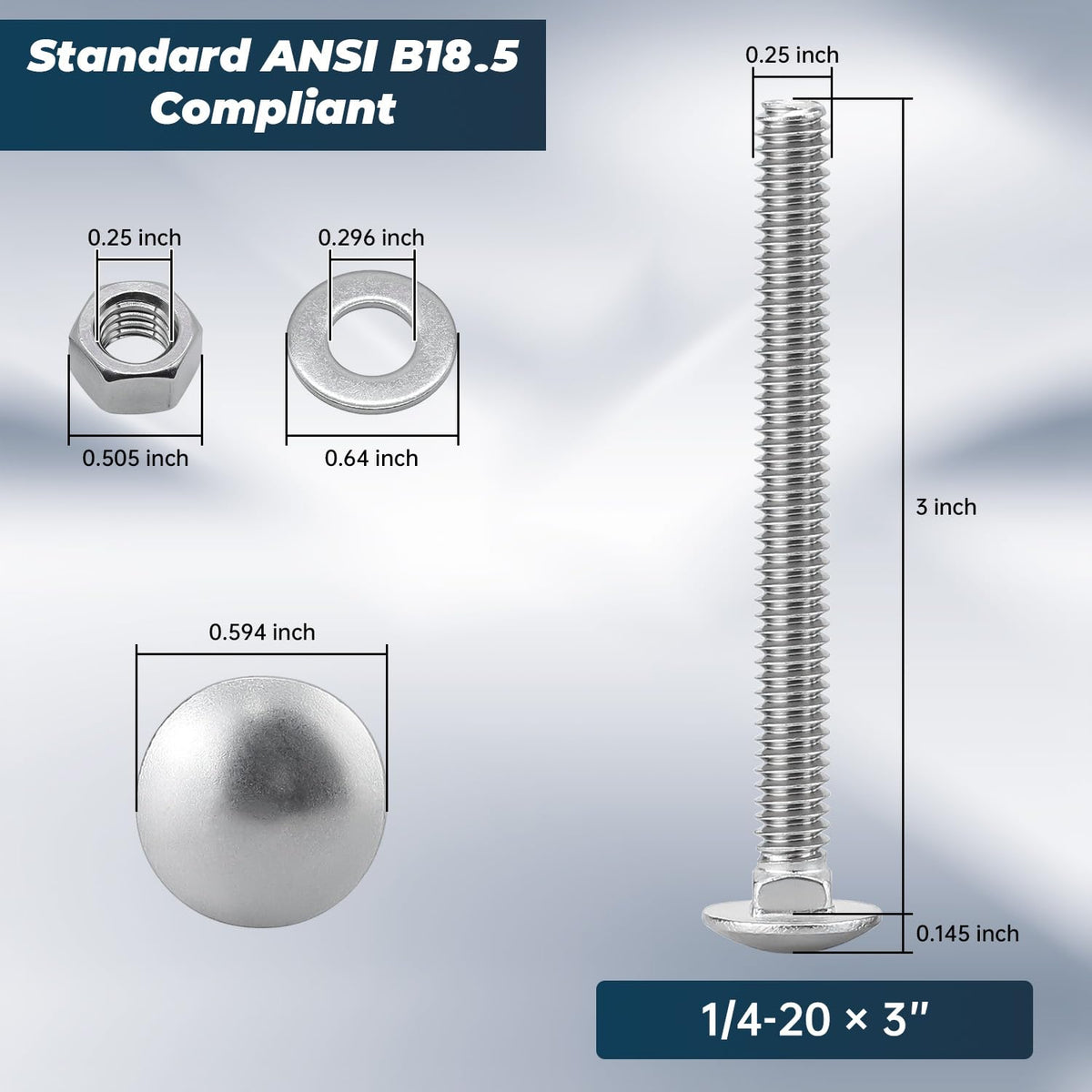 1/4-20 x 3 Inch Carriage Bolt Kit, 304 Stainless Steel (18-8) with Hex Nuts & Flat Washers - 16 Sets, Round Head